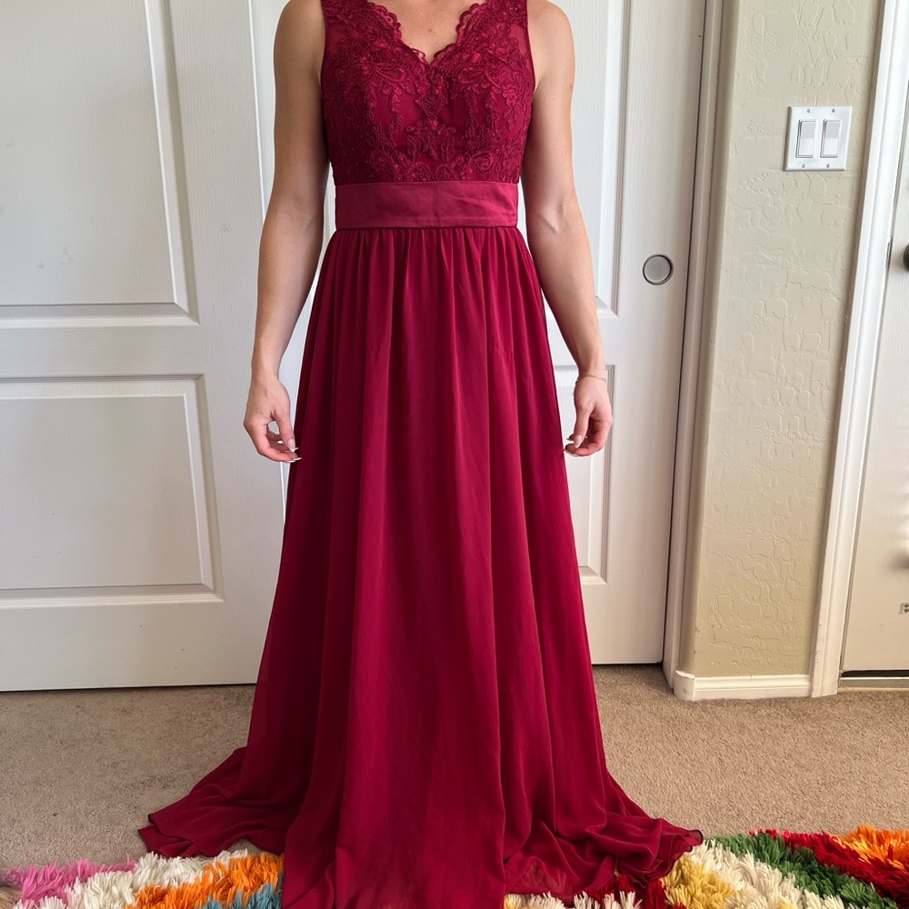 Floral lace formal full length burgundy gown dress